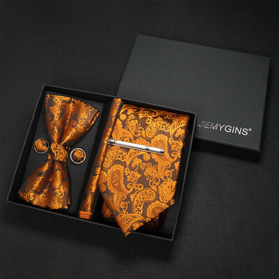 JEMYGINS Luxury Gift Box Classic Paisley Green Silk Kaklasaite Kabatas kvadrātveida aproču pogas Komplekts Biznesa ballīte Kāzu Vīriešu tauriņš