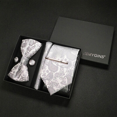 JEMYGINS Luxury Gift Box Classic Paisley Green Silk Kaklasaite Kabatas kvadrātveida aproču pogas Komplekts Biznesa ballīte Kāzu Vīriešu tauriņš