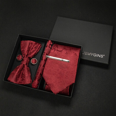 JEMYGINS Luxury Gift Box Classic Paisley Green Silk Kaklasaite Kabatas kvadrātveida aproču pogas Komplekts Biznesa ballīte Kāzu Vīriešu tauriņš