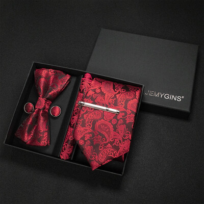 JEMYGINS Luxury Gift Box Classic Paisley Green Silk Kaklasaite Kabatas kvadrātveida aproču pogas Komplekts Biznesa ballīte Kāzu Vīriešu tauriņš