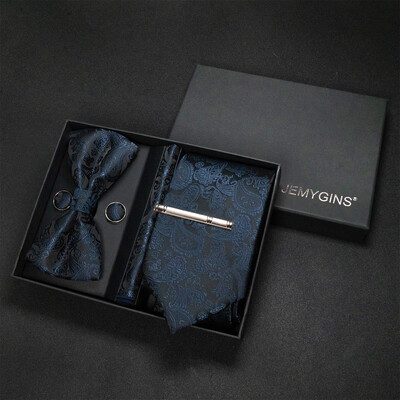 JEMYGINS Luxury Gift Box Classic Paisley Green Silk Kaklasaite Kabatas kvadrātveida aproču pogas Komplekts Biznesa ballīte Kāzu Vīriešu tauriņš