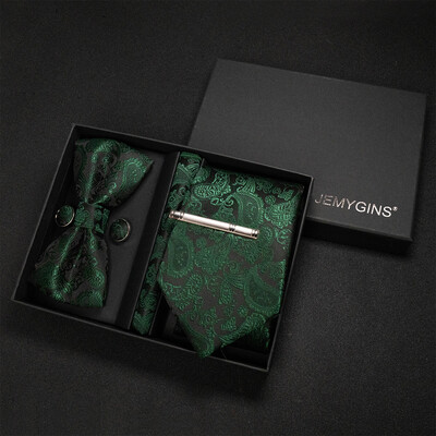 JEMYGINS Luxury Gift Box Classic Paisley Green Silk Kaklasaite Kabatas kvadrātveida aproču pogas Komplekts Biznesa ballīte Kāzu Vīriešu tauriņš