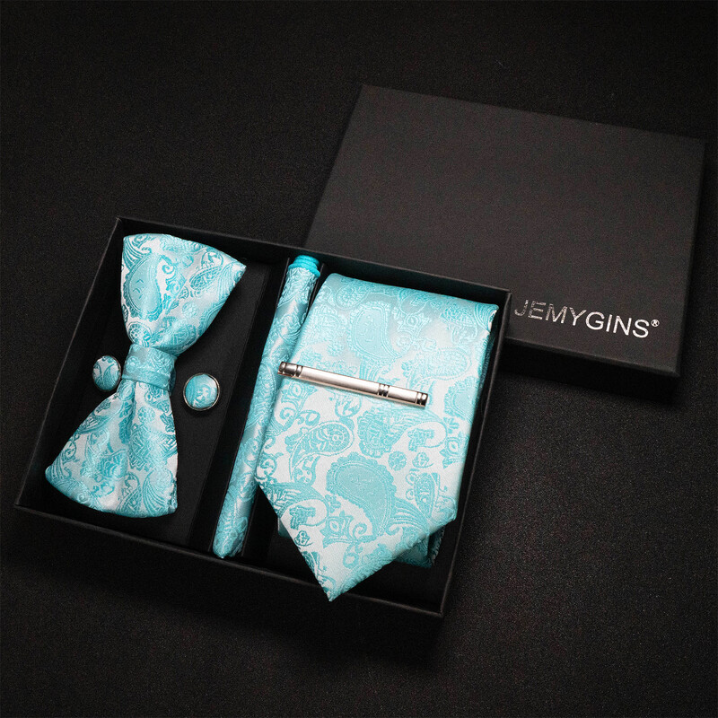 JEMYGINS Luxury Gift Box Classic Paisley Green Silk Kaklasaite Kabatas kvadrātveida aproču pogas Komplekts Biznesa ballīte Kāzu Vīriešu tauriņš