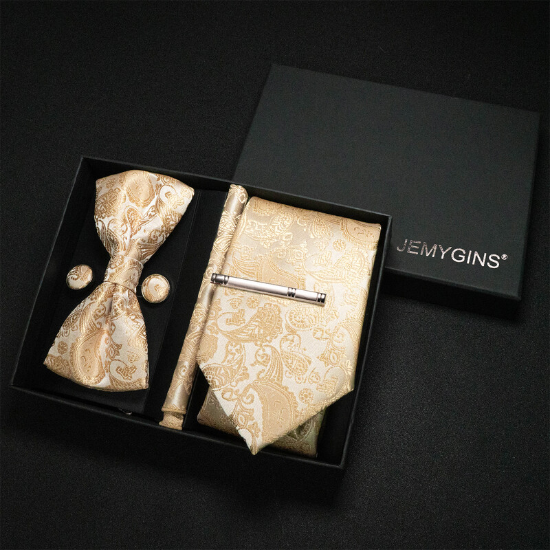 JEMYGINS Luxury Gift Box Classic Paisley Green Silk Kaklasaite Kabatas kvadrātveida aproču pogas Komplekts Biznesa ballīte Kāzu Vīriešu tauriņš