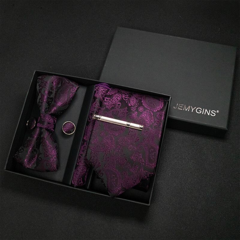JEMYGINS Luxury Gift Box Classic Paisley Green Silk Kaklasaite Kabatas kvadrātveida aproču pogas Komplekts Biznesa ballīte Kāzu Vīriešu tauriņš