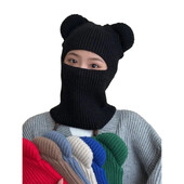 Zimná roztomilá teplá celotvárová maska Balaclava pletená medvedia uši čiapka pre ženy mužov vetruodolná lyžiarska čiapka Skullies