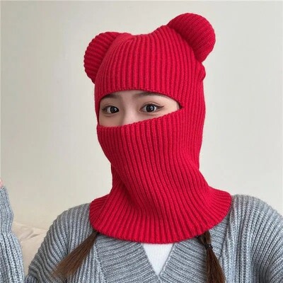 Zimná roztomilá teplá celotvárová maska Balaclava pletená medvedia uši čiapka pre ženy mužov vetruodolná lyžiarska čiapka Skullies