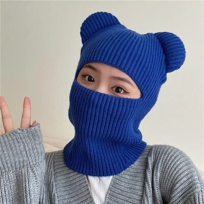 Zimná roztomilá teplá celotvárová maska Balaclava pletená medvedia uši čiapka pre ženy mužov vetruodolná lyžiarska čiapka Skullies