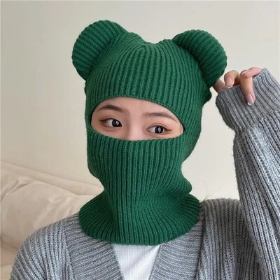 Zimná roztomilá teplá celotvárová maska Balaclava pletená medvedia uši čiapka pre ženy mužov vetruodolná lyžiarska čiapka Skullies
