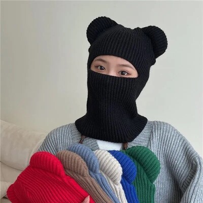 Zimná roztomilá teplá celotvárová maska Balaclava pletená medvedia uši čiapka pre ženy mužov vetruodolná lyžiarska čiapka Skullies