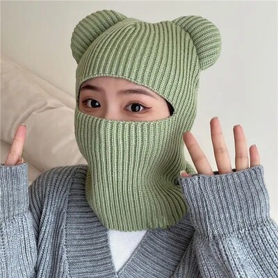 Zimná roztomilá teplá celotvárová maska Balaclava pletená medvedia uši čiapka pre ženy mužov vetruodolná lyžiarska čiapka Skullies
