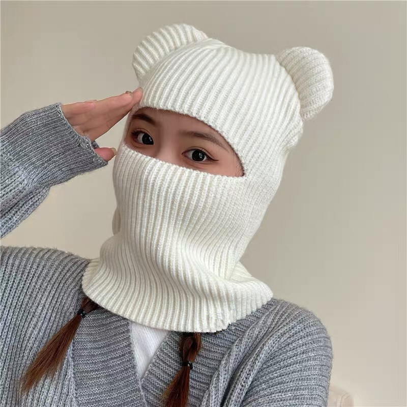 Zimná roztomilá teplá celotvárová maska Balaclava pletená medvedia uši čiapka pre ženy mužov vetruodolná lyžiarska čiapka Skullies