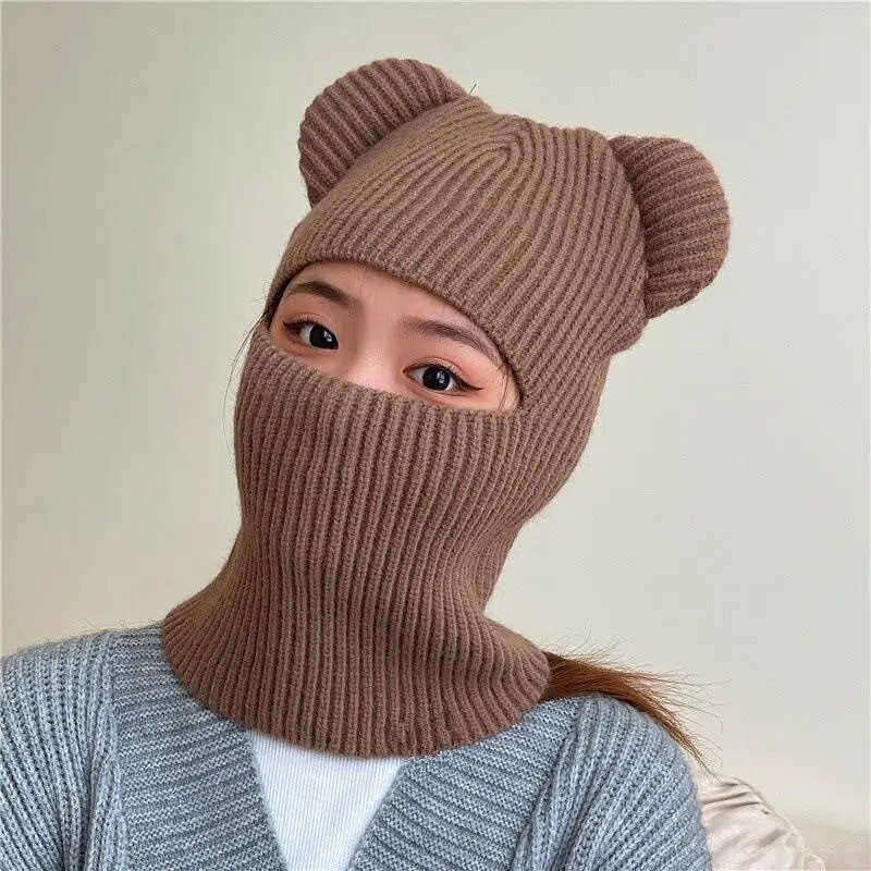 Zimná roztomilá teplá celotvárová maska Balaclava pletená medvedia uši čiapka pre ženy mužov vetruodolná lyžiarska čiapka Skullies
