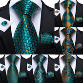 Férfi nyakkendő kékeszöld zöld paisley csíkos újszerű design selyem esküvői nyakkendő férfiaknak Handky mandzsettagomb ajándék nyakkendő szett DiBanGu Party Business