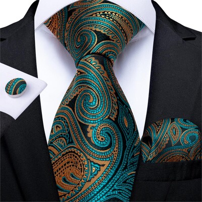 Férfi nyakkendő kékeszöld zöld paisley csíkos újszerű design selyem esküvői nyakkendő férfiaknak Handky mandzsettagomb ajándék nyakkendő szett DiBanGu Party Business
