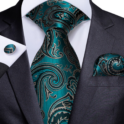 Férfi nyakkendő kékeszöld zöld paisley csíkos újszerű design selyem esküvői nyakkendő férfiaknak Handky mandzsettagomb ajándék nyakkendő szett DiBanGu Party Business