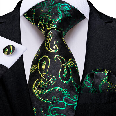 Férfi nyakkendő kékeszöld zöld paisley csíkos újszerű design selyem esküvői nyakkendő férfiaknak Handky mandzsettagomb ajándék nyakkendő szett DiBanGu Party Business