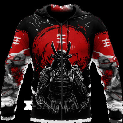 Férfi japán nindzsa szamuráj 3D-s mintás kapucnis pulóver Harajuku utcai kabát, divatos, nagyméretű, bő kapucnis pulóver