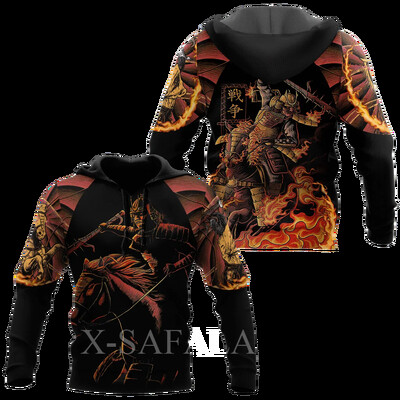 Férfi japán nindzsa szamuráj 3D-s mintás kapucnis pulóver Harajuku utcai kabát, divatos, nagyméretű, bő kapucnis pulóver