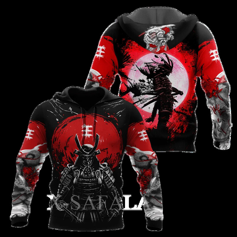 Férfi japán nindzsa szamuráj 3D-s mintás kapucnis pulóver Harajuku utcai kabát, divatos, nagyméretű, bő kapucnis pulóver