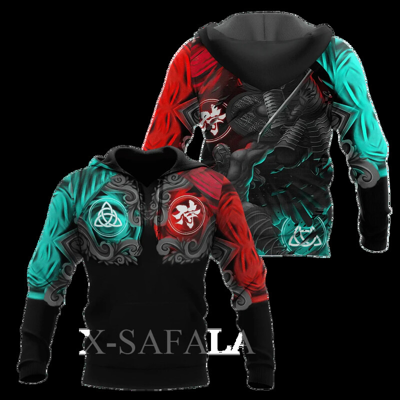 Férfi japán nindzsa szamuráj 3D-s mintás kapucnis pulóver Harajuku utcai kabát, divatos, nagyméretű, bő kapucnis pulóver