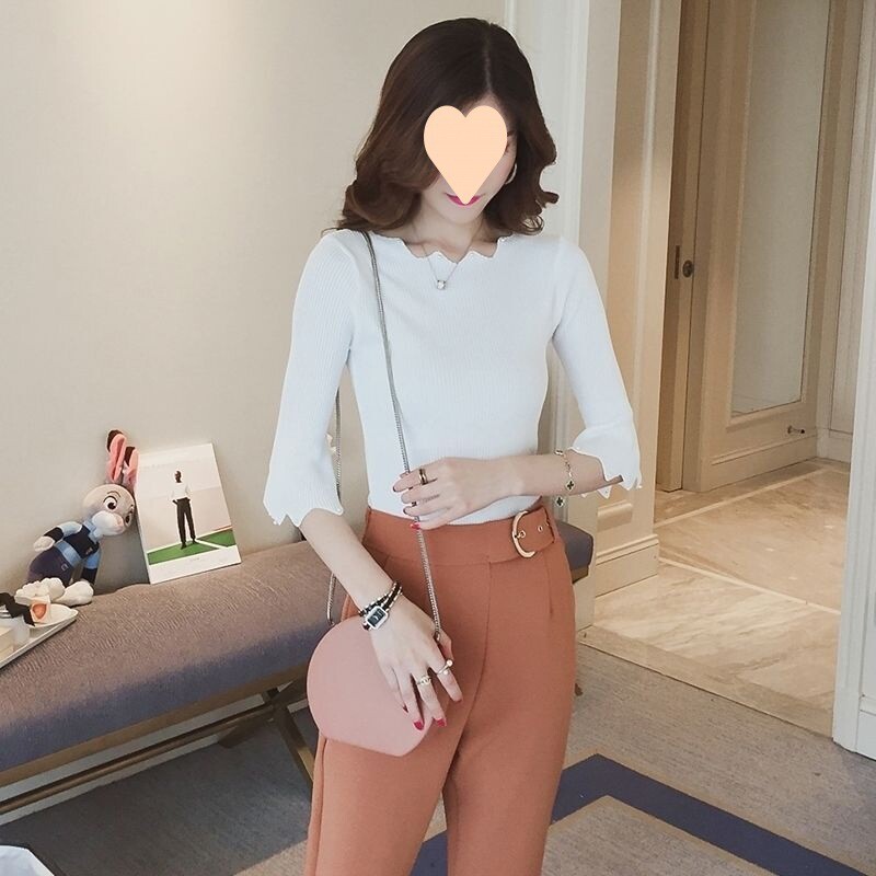 Tavaszi és őszi női koreai stílusú negyed ujjú vékony pulóver, közepes ujjú rövid pulóver, vékony női pulóver