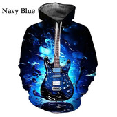 Nové mikiny s kapucňou s gitarovou grafikou a popom pre mužov, 3D hudobné nástroje, potlačené gitarou, detské cool streetwear svetre s kapucňou