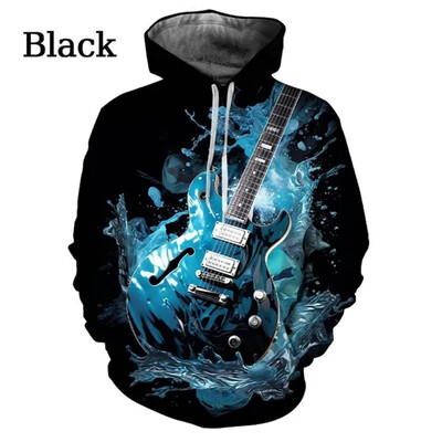 Nové mikiny s kapucňou s gitarovou grafikou a popom pre mužov, 3D hudobné nástroje, potlačené gitarou, detské cool streetwear svetre s kapucňou