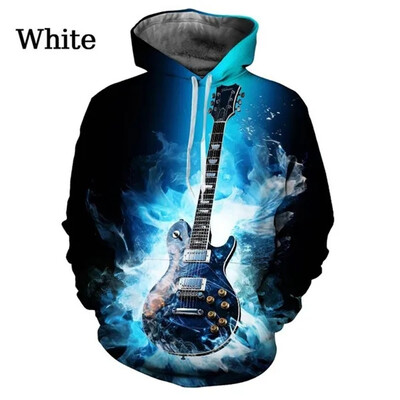 Nové mikiny s kapucňou s gitarovou grafikou a popom pre mužov, 3D hudobné nástroje, potlačené gitarou, detské cool streetwear svetre s kapucňou