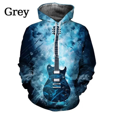 Nové mikiny s kapucňou s gitarovou grafikou a popom pre mužov, 3D hudobné nástroje, potlačené gitarou, detské cool streetwear svetre s kapucňou