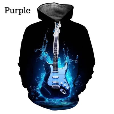 Nové mikiny s kapucňou s gitarovou grafikou a popom pre mužov, 3D hudobné nástroje, potlačené gitarou, detské cool streetwear svetre s kapucňou