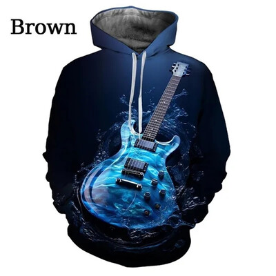 Nové mikiny s kapucňou s gitarovou grafikou a popom pre mužov, 3D hudobné nástroje, potlačené gitarou, detské cool streetwear svetre s kapucňou