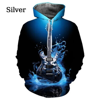 Nové mikiny s kapucňou s gitarovou grafikou a popom pre mužov, 3D hudobné nástroje, potlačené gitarou, detské cool streetwear svetre s kapucňou