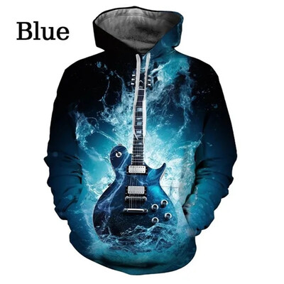 Nové mikiny s kapucňou s gitarovou grafikou a popom pre mužov, 3D hudobné nástroje, potlačené gitarou, detské cool streetwear svetre s kapucňou