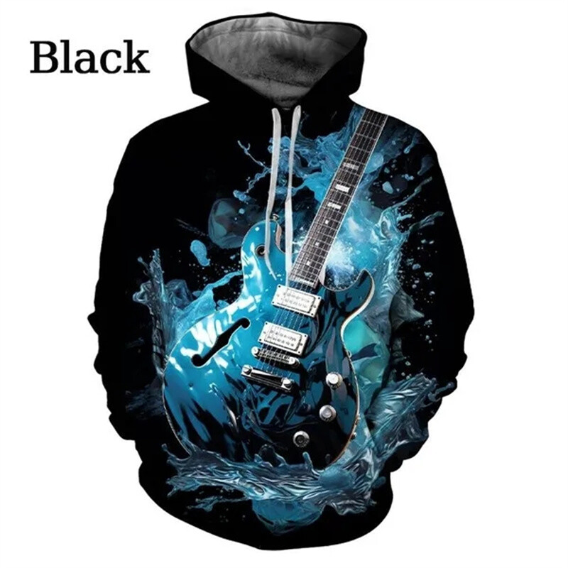 Nové mikiny s kapucňou s gitarovou grafikou a popom pre mužov, 3D hudobné nástroje, potlačené gitarou, detské cool streetwear svetre s kapucňou