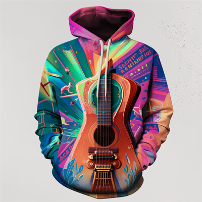 Vintage hudobné nástroje 3D grafická mikina s kapucňou pre mužov a ženy, módna gitarová potlač, sveter s kapucňou pre deti, pouličná nadrozmerná ležérna mikina s kapucňou Y2k