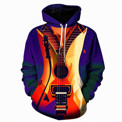 Vintage hudobné nástroje 3D grafická mikina s kapucňou pre mužov a ženy, módna gitarová potlač, sveter s kapucňou pre deti, pouličná nadrozmerná ležérna mikina s kapucňou Y2k