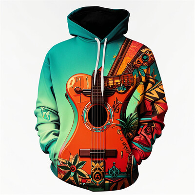 Vintage hudobné nástroje 3D grafická mikina s kapucňou pre mužov a ženy, módna gitarová potlač, sveter s kapucňou pre deti, pouličná nadrozmerná ležérna mikina s kapucňou Y2k