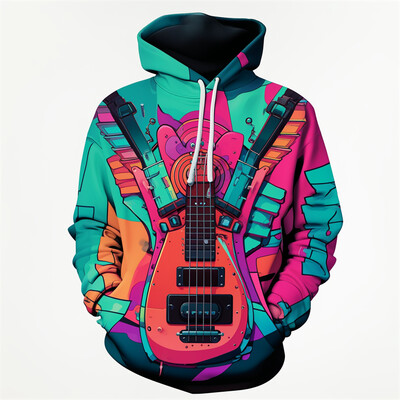 Vintage hudobné nástroje 3D grafická mikina s kapucňou pre mužov a ženy, módna gitarová potlač, sveter s kapucňou pre deti, pouličná nadrozmerná ležérna mikina s kapucňou Y2k