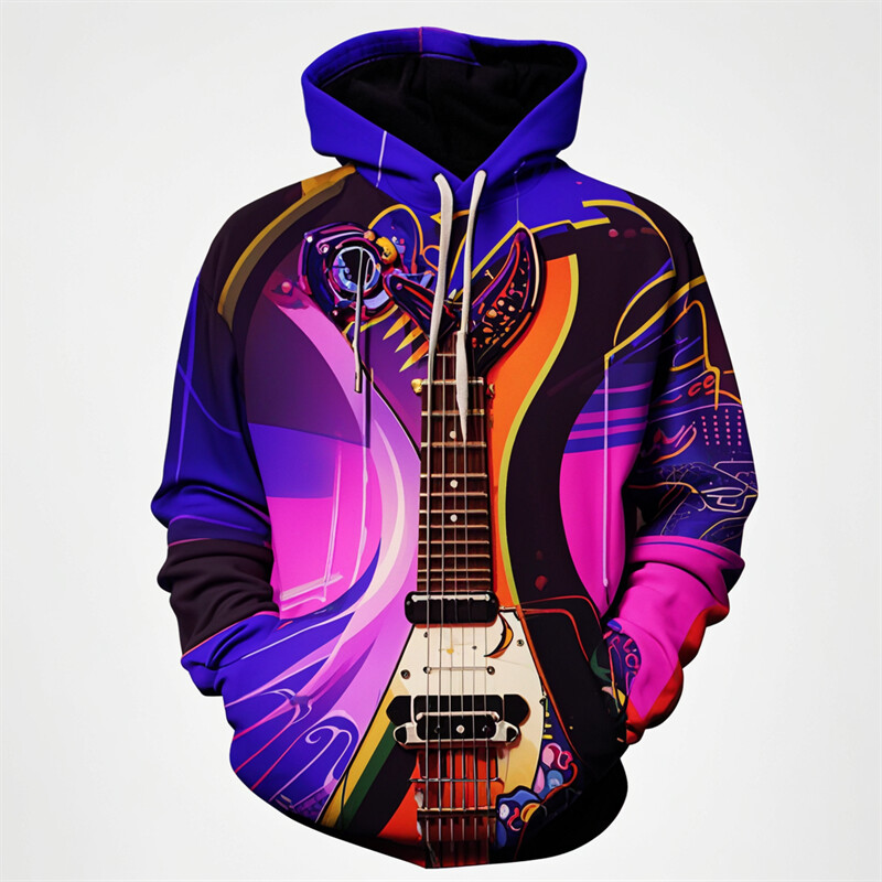 Vintage hudobné nástroje 3D grafická mikina s kapucňou pre mužov a ženy, módna gitarová potlač, sveter s kapucňou pre deti, pouličná nadrozmerná ležérna mikina s kapucňou Y2k