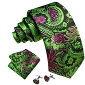 Stiilne roheline lilleline siidist Meeste lips Hanky mansetinööpide komplekt Jacquard lillega kaelaside meeste pulmadeks äripeoüritusteks Barry.Wang