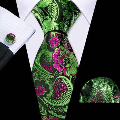 Stiilne roheline lilleline siidist Meeste lips Hanky mansetinööpide komplekt Jacquard lillega kaelaside meeste pulmadeks äripeoüritusteks Barry.Wang