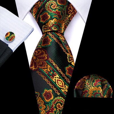 Stiilne roheline lilleline siidist Meeste lips Hanky mansetinööpide komplekt Jacquard lillega kaelaside meeste pulmadeks äripeoüritusteks Barry.Wang