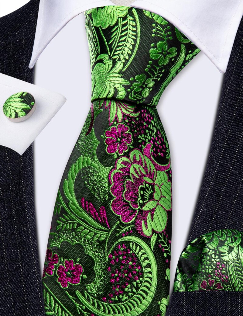 Κομψό πράσινο λουλουδάτο ανδρικό δέσιμο με μανικετόκουμπα σετ λουλουδιών ζακάρ γραβάτα για ανδρικά επαγγελματικά πάρτι γάμου Barry.Wang