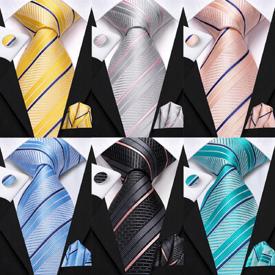 Hi-Tie Triibuline Helesinine Kollane Roosa Meeste Elegantne Kaelus Käepide Mansetinööbid Tuxedo Fashion Klassikaline siidist Luksuslik lips mehele