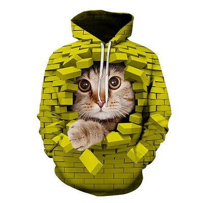 Vīriešu sieviešu džemperis, džemperis, džemperis, kaķu sienas ķieģelis, grafisks 3D drukas brīvdienu ikdienas ielas apģērbs, apģērbs ar kapuci un unisex kabatu