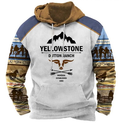 Ρετρό ανδρικό κουκούλα Yellowstone Park 3D τυπωμένο ανδρικό φούτερ με κουκούλα New Street Fashion Hip Hop Winter Super Large Ανδρικά ρούχα με κουκούλα