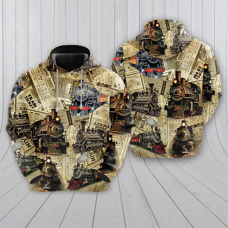Vintage Steampunk Train 3D Nyomtatott kapucnis pulóver Férfi Ruhák Harajuku Divat Vonósofőr Pulóverek Alkalmi Gyerek Tréningruha felsők