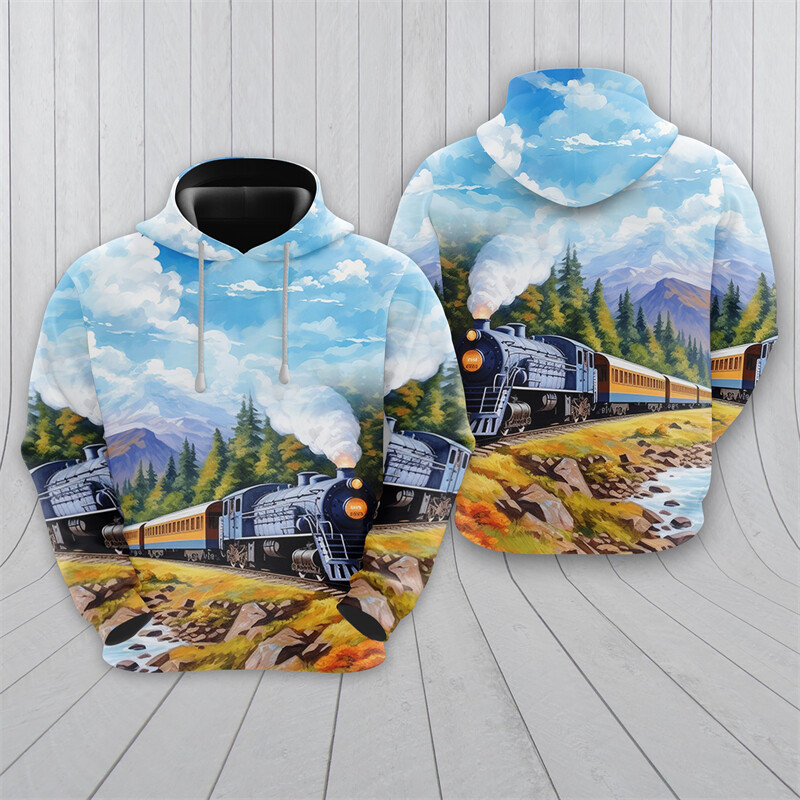 Vintage Steampunk Train 3D Nyomtatott kapucnis pulóver Férfi Ruhák Harajuku Divat Vonósofőr Pulóverek Alkalmi Gyerek Tréningruha felsők