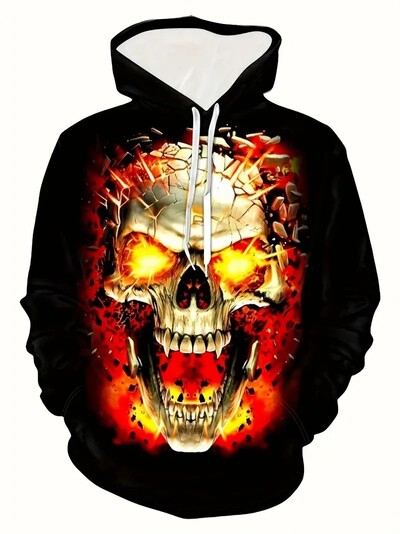 3D Grim Reaper / Skeleton Ghost Print kapuuts, meeste vabaaja kapuutsiga kampsun Kangaroo Pocket tänavarõivastega talveks sügiseks,